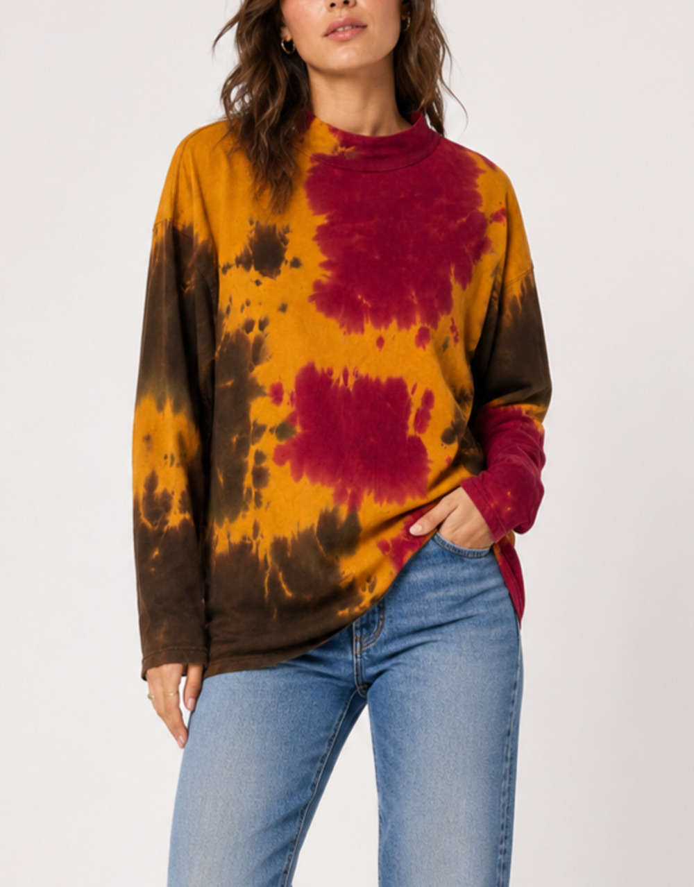 Free People We The Free Tie Dye Mock Neck Top Small Cotton Long Sleeve Boho